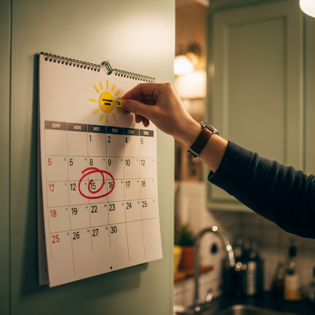 5Kw Solar System Price Brisbane - A calendar on a kitchen wall, with the current date circled in red. A hand is placing a small, stylized sun graphic (no brand) on the circled date. The overall feeling is one of urgency and opportunity.