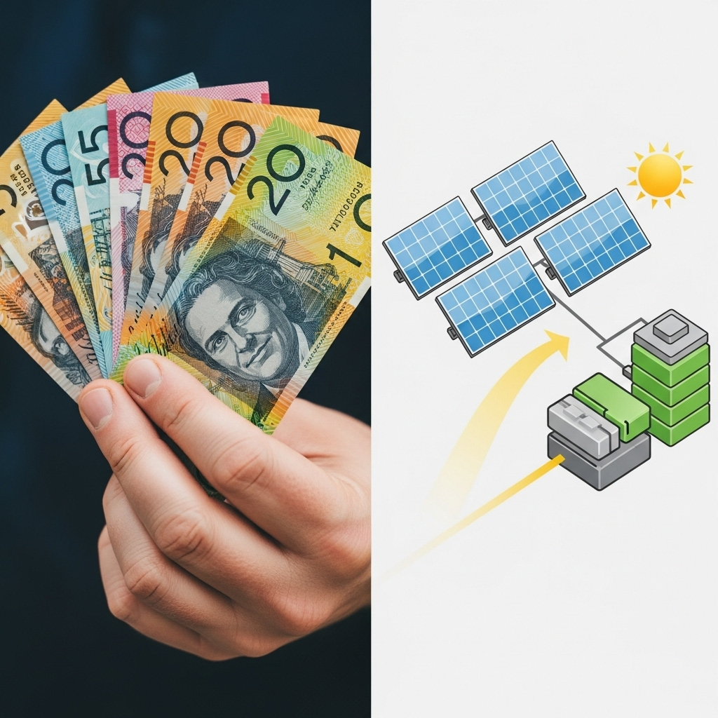 Best Solar Battery Brands Brisbane - A split-screen image. On one side, a hand is holding a wad of Australian banknotes. On the other side, a stylized, colorful diagram representing solar panels and a battery system. The two sides are subtly connected by a ray of sunlight. The overall message: solar energy is saving money.