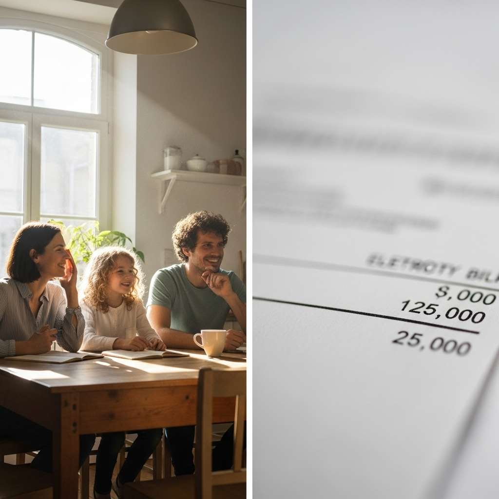 Best Solar Panels Qld 2026 - A split-screen image. On one half, a young family is happily gathered in their bright kitchen, sunlight streaming through the window. On the other half, a stylized and illegible electricity bill shows a significantly reduced amount due. The overall feeling is one of financial relief and a bright future.