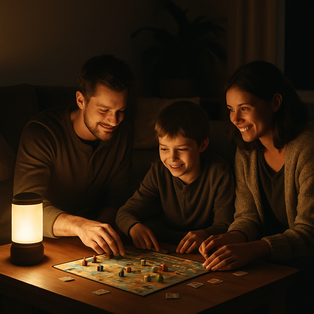 Brisbane Solar And Battery Cost Estimator - Inside a home during a simulated blackout. Soft, warm light emanates from a battery-powered lamp on a side table, illuminating a family playing a board game together. The scene conveys a sense of peace and security despite the power outage outside.