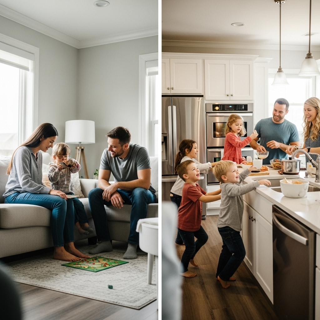 Fronius Inverter Installation Cost Qld - A split image showing two families. On the left, a family of three in a moderately sized, modern home looking happy and relaxed, representing the 5kW system. On the right, a larger family of five in a bigger home with more appliances, representing the 10kW system. Both scenes should convey the idea of right-sizing the inverter to the home's needs.