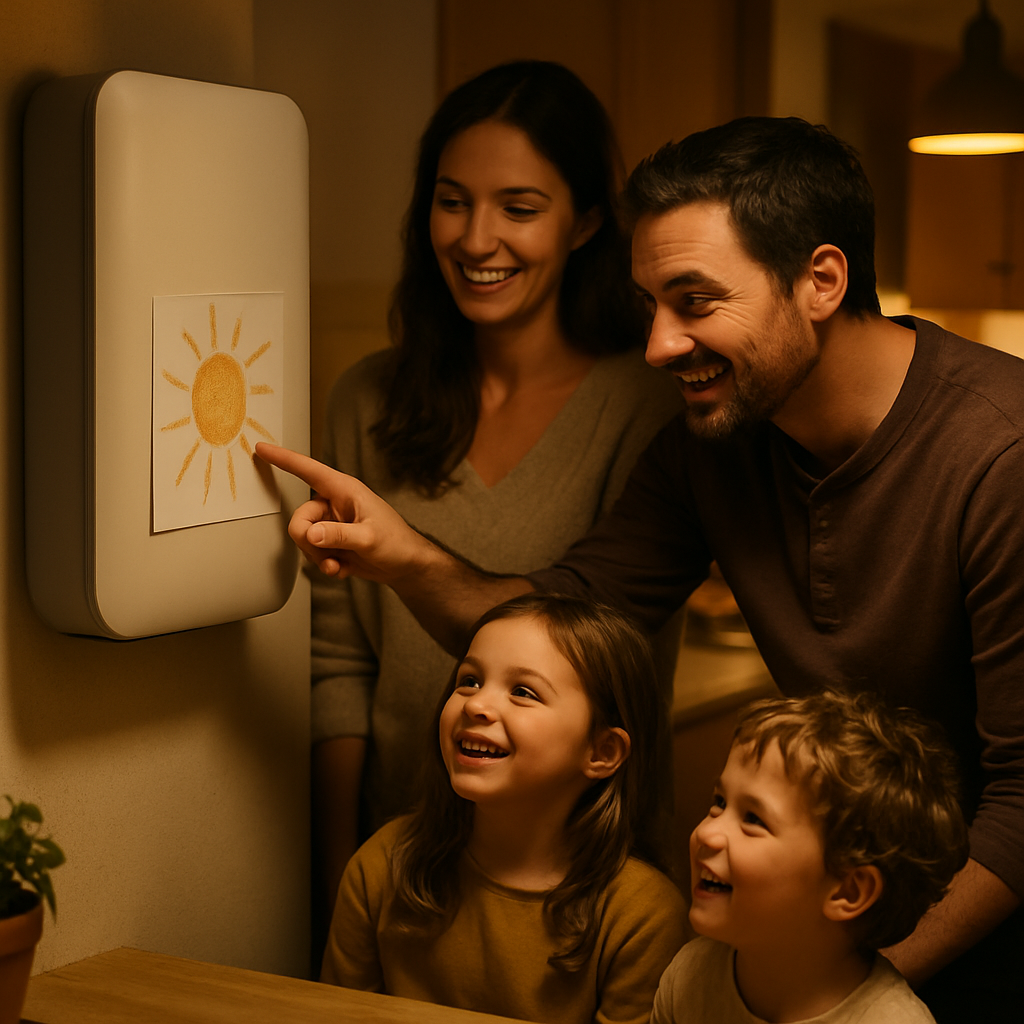 How Much Do Solar Panels Cost In Paddington - A family of four (two parents, two young children) are in their kitchen at night. The scene is warmly lit. The father is playfully pointing to a stylized representation of a sun (perhaps a child's drawing) on the side of a sleek, modern wall-mounted battery unit. The mother and children are smiling, implying energy independence and family fun.
