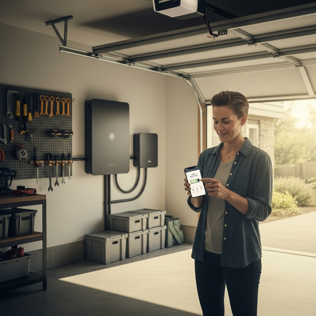 6.6Kw Solar System Cost - A photorealistic image showing a clean and well-organized garage. A home battery system is mounted on the wall. The garage door is slightly open, revealing the sunny outdoors. A homeowner is shown checking the battery status on their phone, smiling confidently.