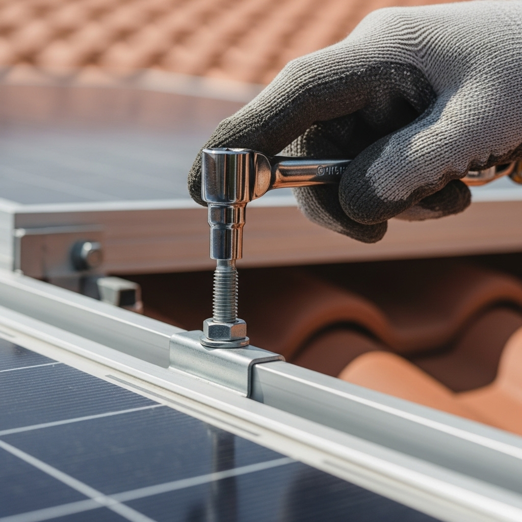 Brisbane Home Solar Cyclone Ready - A close-up shot of a hand firmly tightening a bolt on a solar panel mounting rail. The focus is on the robust hardware and secure connection, with the solar panel and roof tiles slightly blurred in the background. The lighting should be bright and show the detail of the hardware.