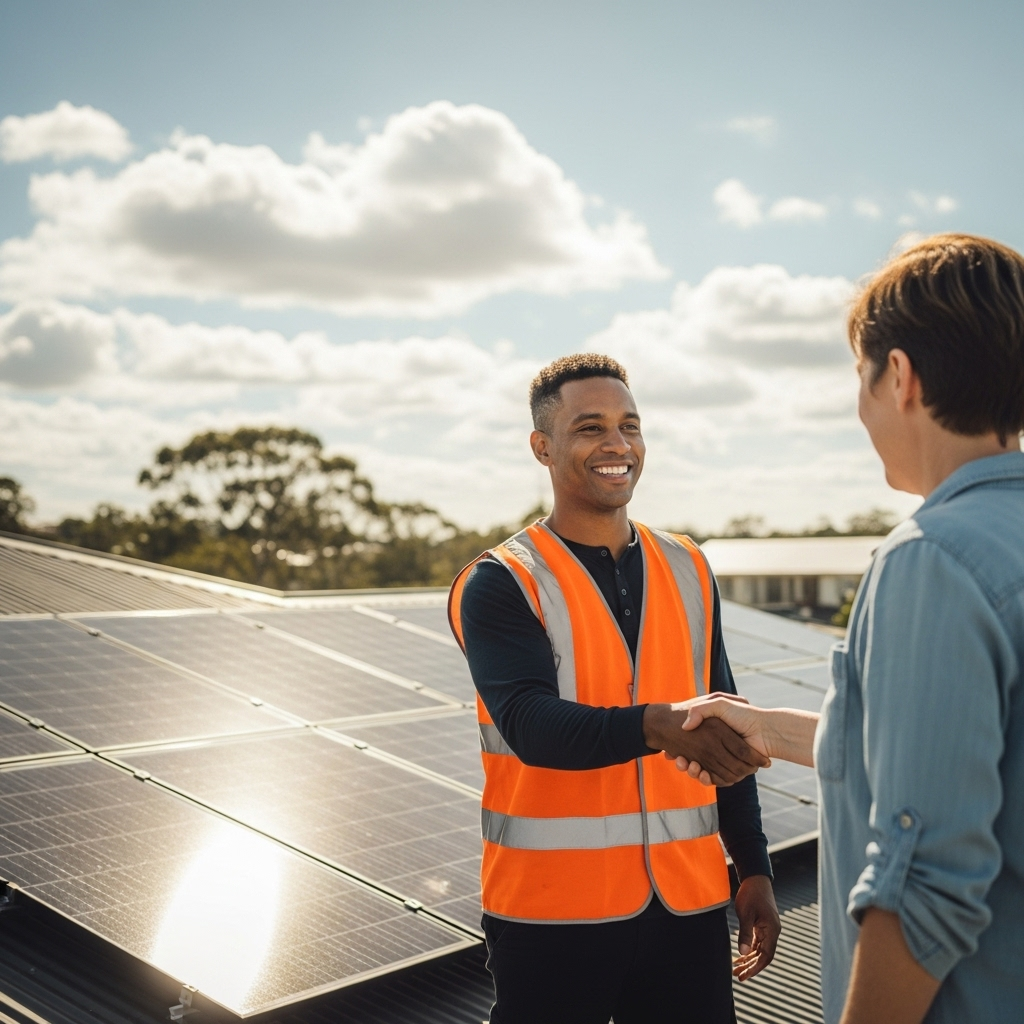 Brisbane Home Solar Cyclone Ready - A friendly and professional-looking solar installer, wearing a safety vest and a smile, shaking hands with a homeowner on their sunny Brisbane rooftop. Behind them, a newly installed solar array gleams, perfectly aligned. The sky is blue with a few fluffy clouds.