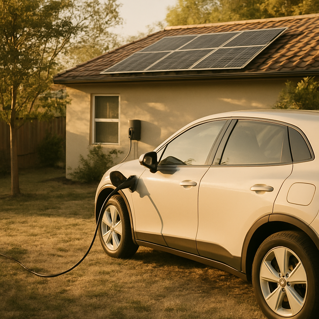 Solar Self-Consumption - A sunny backyard scene showing a modern electric vehicle (EV) being charged from a home solar panel system. The charging cable is clearly visible. The overall impression is one of clean energy and sustainable living.