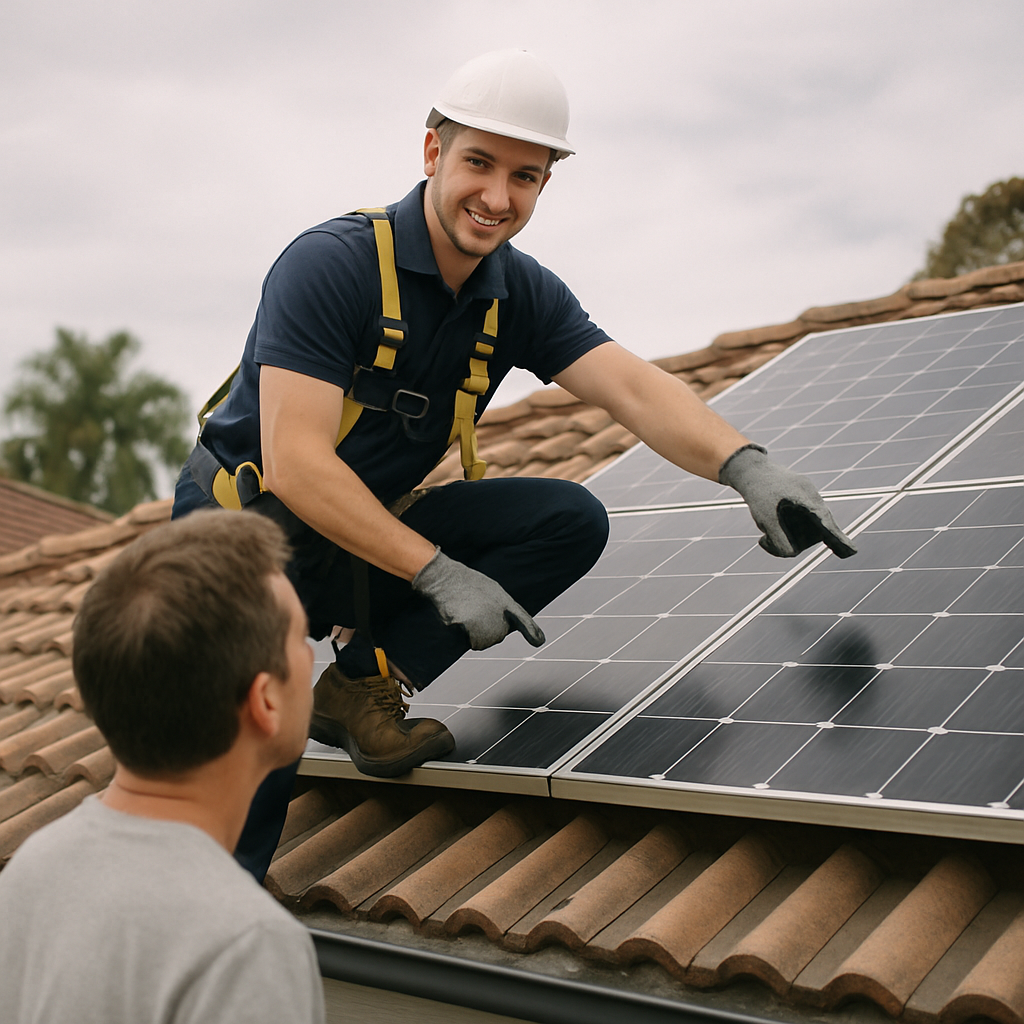 Saa Approved Solar Retailers Brisbane - A clean-cut, trustworthy-looking installer is on a roof, pointing to a securely mounted solar panel. He is wearing appropriate safety gear, and the focus is on the quality and professional installation. Another person, potentially the homeowner, is observing from below, looking upwards with interest.