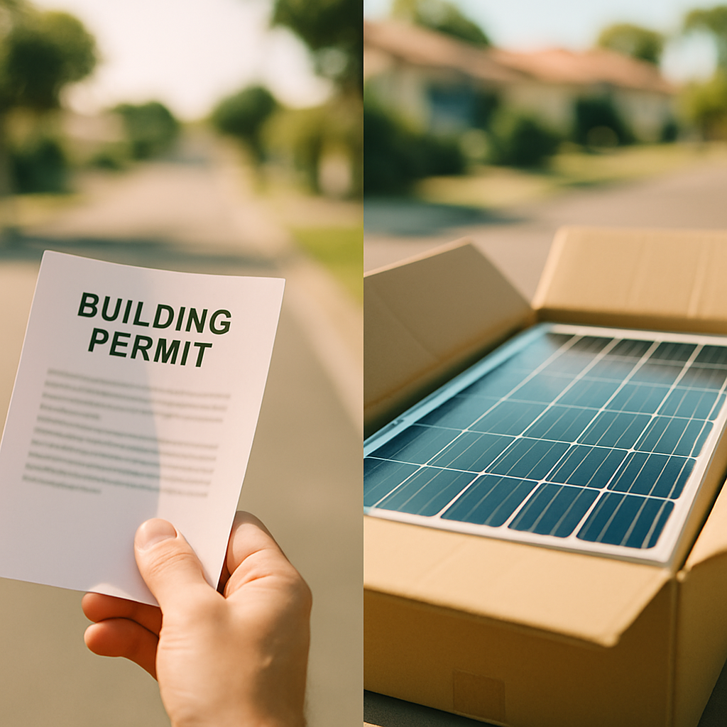 Saa Approved Solar Retailers Brisbane - A split-screen image. On one side, a close-up of a hand holding a building permit or license. On the other side, an open box of gleaming, new solar panels ready for installation. The background is a bright, sunny Brisbane suburban street.