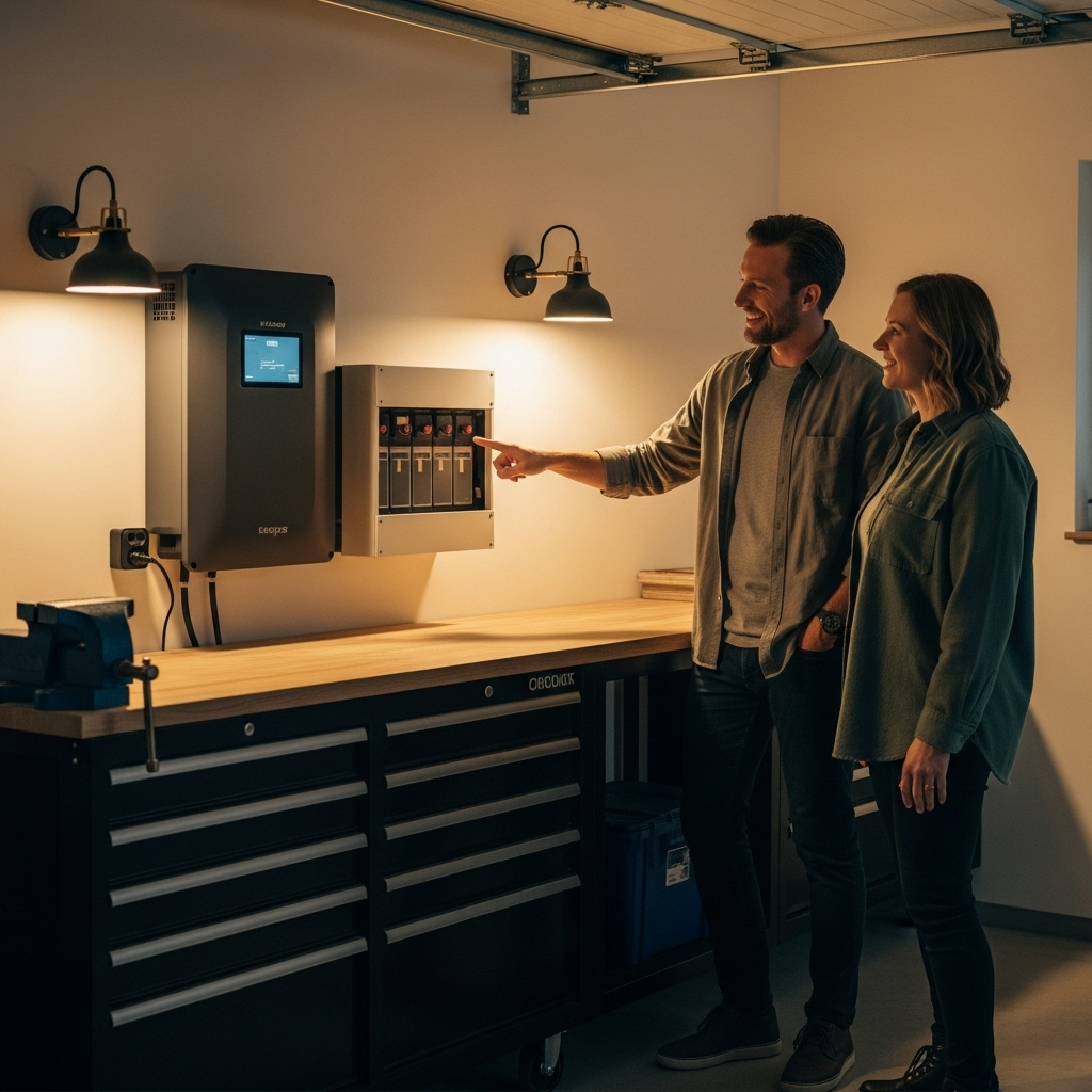 Solar Panel And Battery Package Deals Brisbane - A modern, minimalist garage with a clean, uncluttered workbench area. A homeowner (mid-30s) is pointing at a sleek, wall-mounted battery unit (no specific branding). The battery is part of a home energy setup. The homeowner is explaining the system to a friend or partner, both smiling.