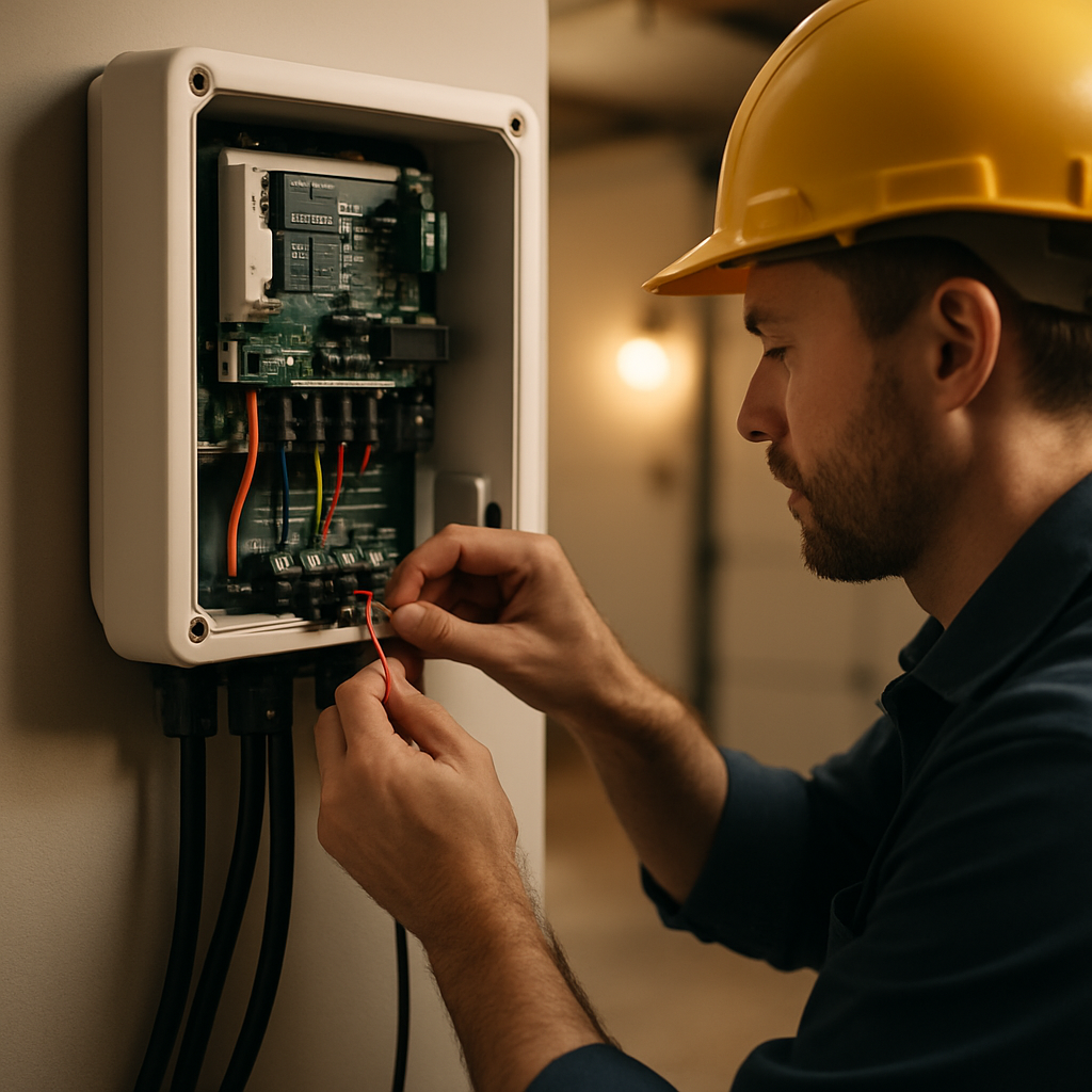 Solar Panel Packages North Lakes - A close-up shot of a professional solar installer carefully wiring connections inside a clean, modern-looking solar inverter. The focus is on the precision and care involved in the installation process. The background is slightly blurred to keep the focus on the installer's hands and the inverter's components.