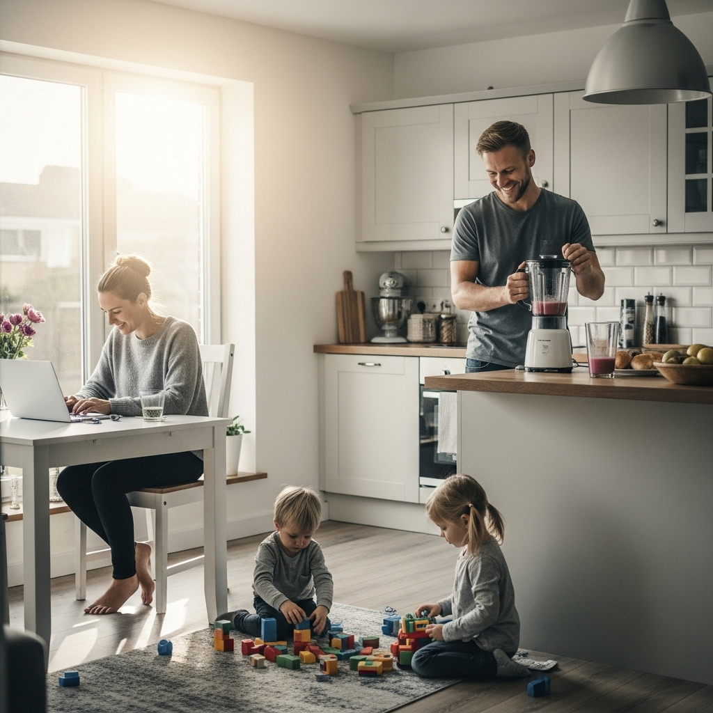 10Kw Solar System Cost Queensland - A young family is shown inside their brightly lit kitchen. Sunlight streams through the window, visually suggesting solar power. The father is happily using a blender to make smoothies, the mother is working on her laptop, and the children are playing with toys. This depicts using electricity generated by solar, avoiding the grid.