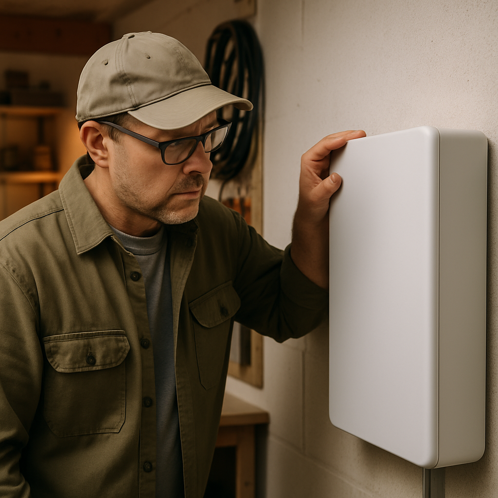 5Kw Solar And Battery Package Deals Brisbane - A close-up shot of a homeowner, wearing practical clothing, carefully examining a newly installed home battery in their garage. The battery is clean and modern. The garage is well-lit and organized, conveying a sense of reliability and affordability.