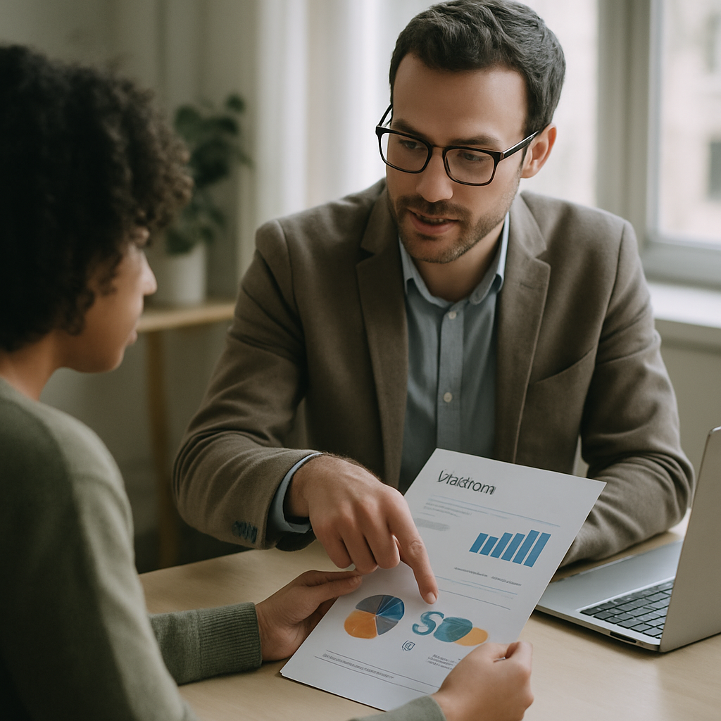Solar Consultation Brisbane - A person sitting at a table reviewing a document (a quote) with a financial advisor. The quote shows colourful but stylized and illegible graphs and figures. They are in a bright, modern office space, with the advisor pointing to the document while explaining something.