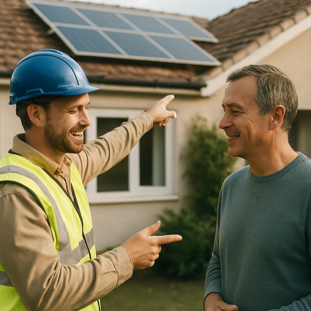 Emergency Solar Panel Repair Brisbane - A friendly electrician, wearing a high-visibility vest, pointing to a solar panel on a roof and explaining something to a homeowner. The homeowner is nodding and listening attentively. The scene is brightly lit and professional.