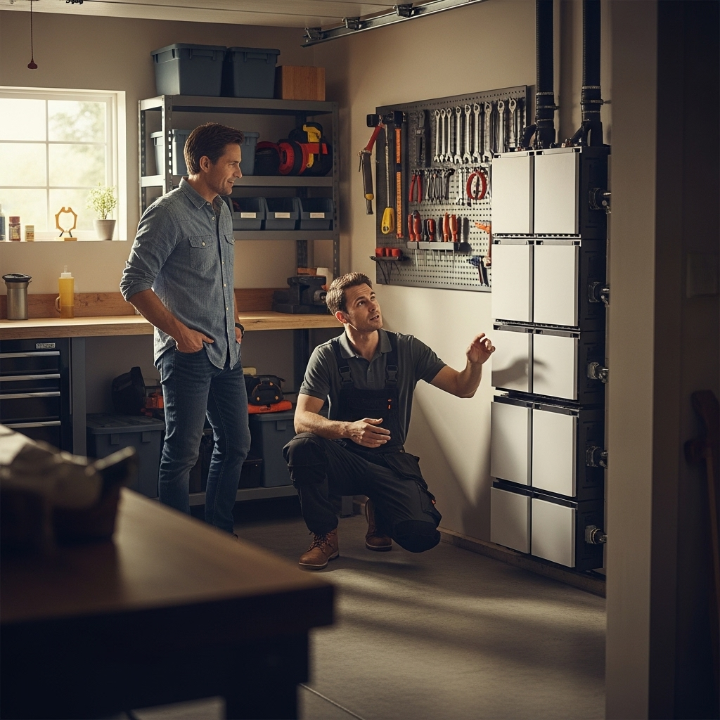 Sungrow Battery Price Qld - A homeowner in their garage, looking with interest at a technician who is installing a modular battery system. The technician is pointing to one of the battery modules, explaining how they can be stacked and added to increase capacity over time. The modules are a clean, modern design. The garage is well-lit and organized.