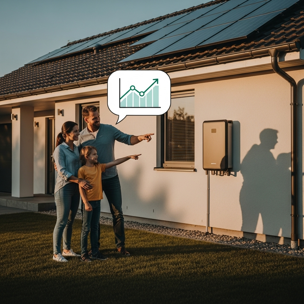 Sungrow Battery Price Qld - A family (mother, father, and child) standing in front of their home, beaming and pointing at a newly installed solar battery on the side of the house. Sunlight is reflecting warmly on the solar panels. The overall feeling is one of pride and accomplishment. A stylized speech bubble floats above them showing a simplified graph with a line going up, indicating savings.