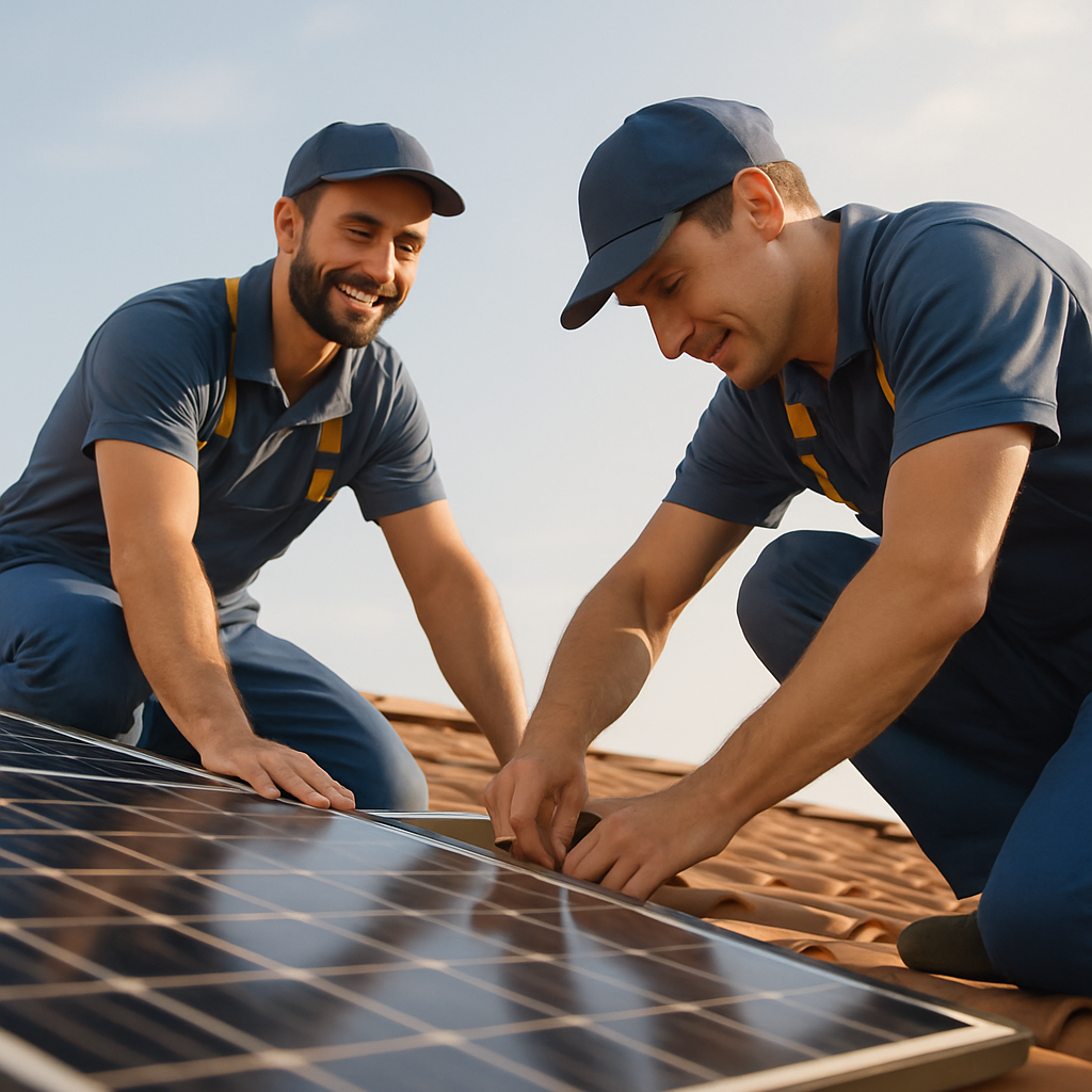 Best Solar Companies Brisbane - A shot from ground level, looking up at two friendly solar panel installers in branded (but logo-free) uniforms, working diligently on a residential roof. They are carefully installing panels. The weather is sunny and clear.