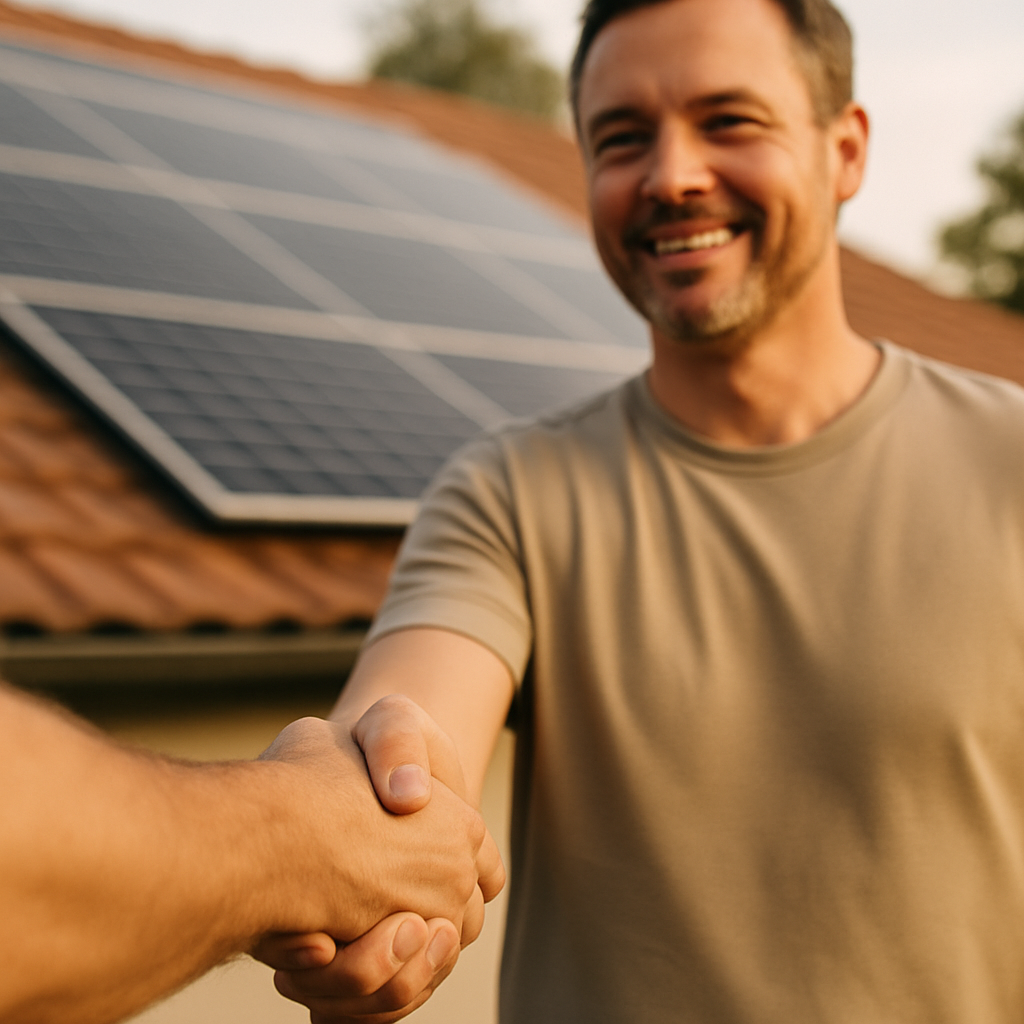 Best Solar Companies Brisbane - A close-up of a hand shaking another hand in front of a newly installed solar panel system on a residential roof. The homeowner's face is partially visible, showing a happy, confident expression.