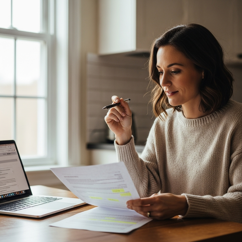 Solar Panel Installation Brisbane - A friendly-looking woman in her late 30s/early 40s is sitting at her kitchen table, pen in hand, reviewing a document with a concerned but thoughtful expression. A laptop is open beside her, suggesting she's doing her research. She has highlighted a few key areas of the document, implying careful consideration.