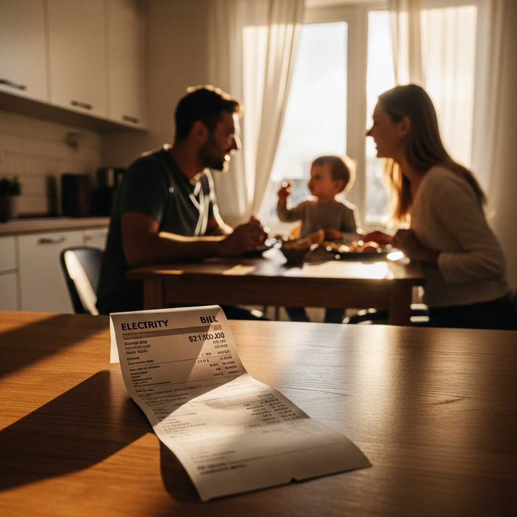 Solar Panel Installation Brisbane - A close-up shot of an electricity bill showing a very low amount due, resting on a kitchen counter beside a happy family (father, mother, young child) enjoying a meal together. Sunlight streams in from a window, suggesting the solar panels are working efficiently. The atmosphere is one of contentment and financial security.