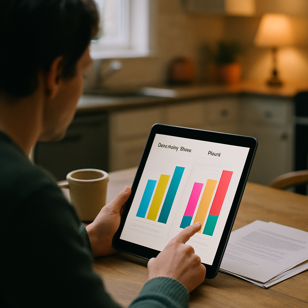 How To Apply For Solar Feed-In Tariff Qld - A person sitting at a kitchen table, casually comparing two colorful but stylized electricity plans on a tablet. There's a coffee cup and some papers on the table, suggesting a relaxed, research-oriented atmosphere. The scene should convey the idea of making informed choices.