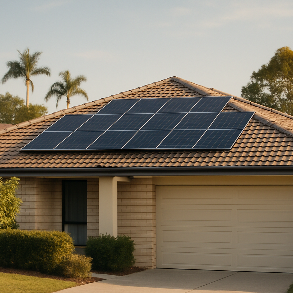 Jinko Solar Panels Price Brisbane - A wide shot of a well-maintained rooftop solar panel installation on a typical Queensland home. Focus on showing the clean, professional installation and the panels blending seamlessly with the roof. No identifiable brand markings should be visible on the panels or inverter.