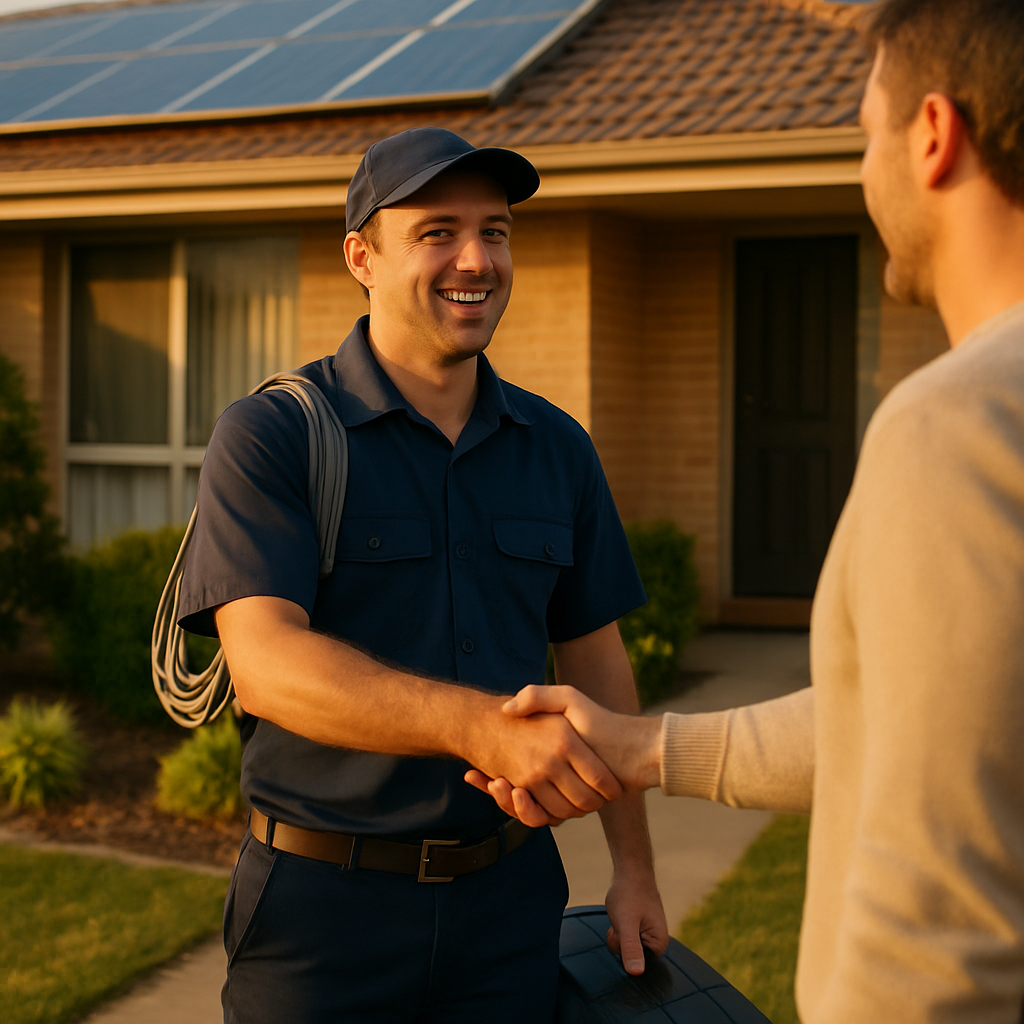Same-Day Solar Inverter Replacement Brisbane - A friendly, SAA-accredited electrician in a clean uniform smiling and shaking hands with a homeowner in front of their house. The electrician is holding a toolbox, and the house has solar panels on the roof.