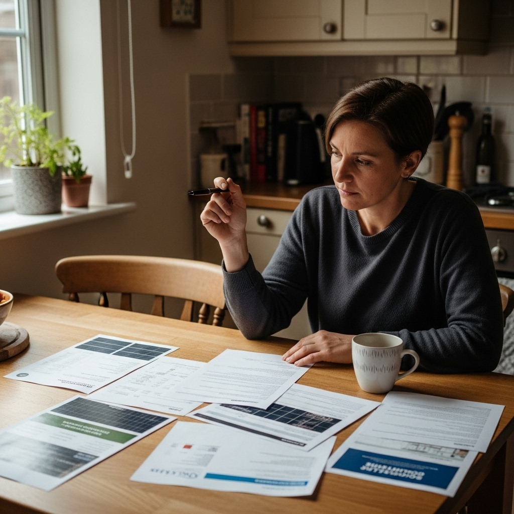 Solar Panel Quotes Indooroopilly - A homeowner is sitting at their kitchen table, reviewing several solar quotes spread out before them. They have a pen in hand and are looking thoughtfully at one of the documents. A coffee cup sits nearby, suggesting a relaxed but focused decision-making process.