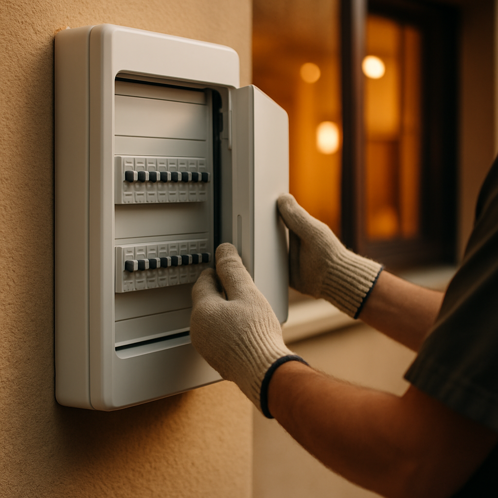 6.6Kw Solar System Price Brisbane - A person's hands are shown carefully opening a sleek, modern electrical panel (the inverter is inside but not explicitly visible), while wearing protective gloves. The focus is on the person doing the work carefully and professionally, indicating quality installation.