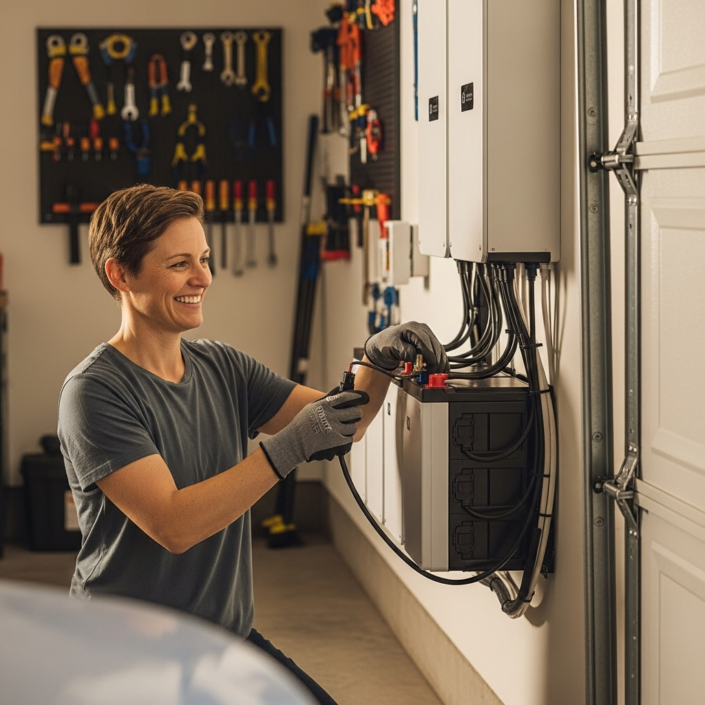 Alpha Ess Battery Review - A homeowner wearing practical work gloves smiling as they connect a new battery module to an existing home battery system. The system is clean and modern, located in a well-lit garage. The visual emphasizes the modularity and ease of expansion.