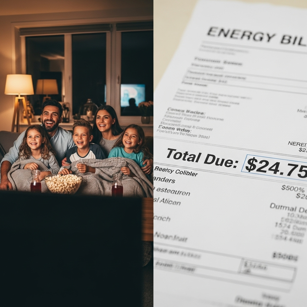 Alpha Ess Battery Review - A split-screen image: On one side, a family enjoying a movie night in their living room, lit comfortably. On the other side, a stylized, illegible energy bill displaying a significantly reduced amount owed. This symbolizes the savings and benefits of home battery storage.