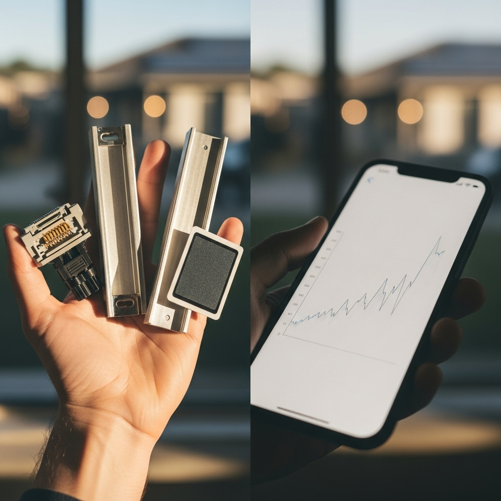 Best Solar Installers Redcliffe - A split-screen image. On one side, a hand holds a set of high-quality solar panel components (connector, frame, section) with sunlight glinting off them. On the other side, a smartphone displays a stylized graph showing potential energy savings increasing over time. The background is a blurred image of a typical Redcliffe home.