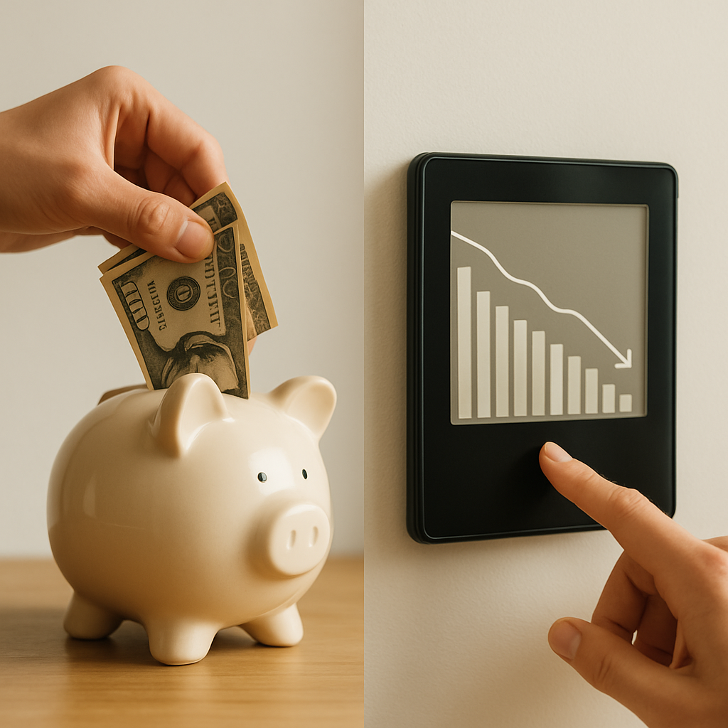 Green Loans For Solar Brisbane - A split image showing two hands. On one side, a hand is placing dollar bills into a piggy bank. On the other side, the same hand is clipping a digital display showing electricity usage decreasing. The backgrounds are simple and clean, emphasizing the concept of saving money on energy bills.