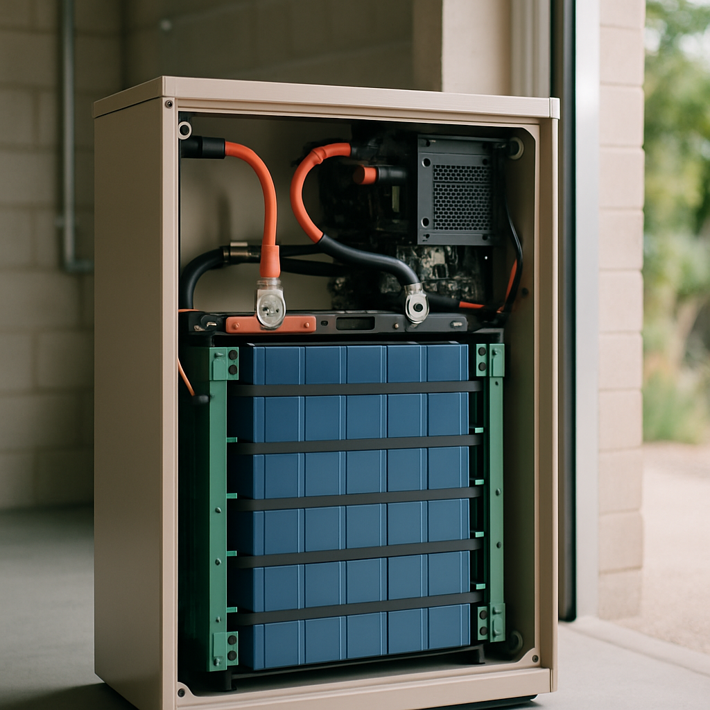 Tesla Powerwall Alternatives Brisbane - An open solar battery unit showing the internal components of a modern LFP battery. The battery is installed inside a well-ventilated garage. Focus is on the clean design and robust components, implying reliability and suitability for the hot Queensland climate. The garage environment should look tidy and well-maintained.