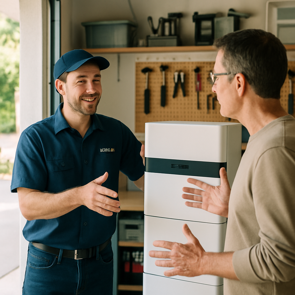 What Is The Warranty On Solar Batteries In Australia - A friendly and approachable installer in a branded (but illegible logo) work shirt is explaining the key features of a modular solar battery system to a curious homeowner in their garage. The garage is clean and well-organized, with tools neatly stored in the background. The homeowner is gesturing towards the battery while listening attentively.