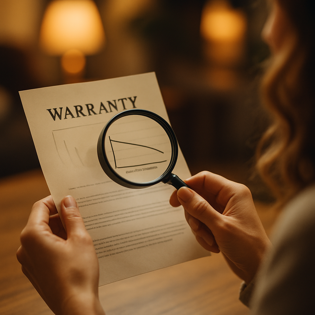What Is The Warranty On Solar Batteries In Australia - A close-up shot of a woman's hands holding a magnifying glass over a document resembling a warranty agreement. The key area highlighted by the magnifying glass shows a stylized (but illegible) graph representing battery performance over time, visually emphasizing the concept of long-term performance and capacity retention.