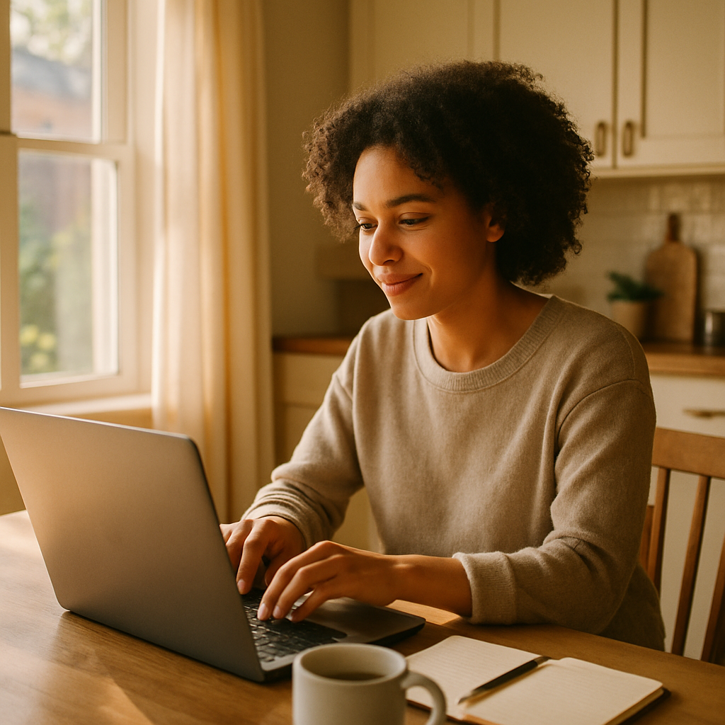 How To Finance A Solar And Battery System In Brisbane - A person sitting at a kitchen table, illuminated by warm sunlight, using a laptop. They are smiling slightly as they review information on the screen, which is blurred and illegible. A coffee cup and a notepad are on the table next to the laptop, creating a relatable home office scene.