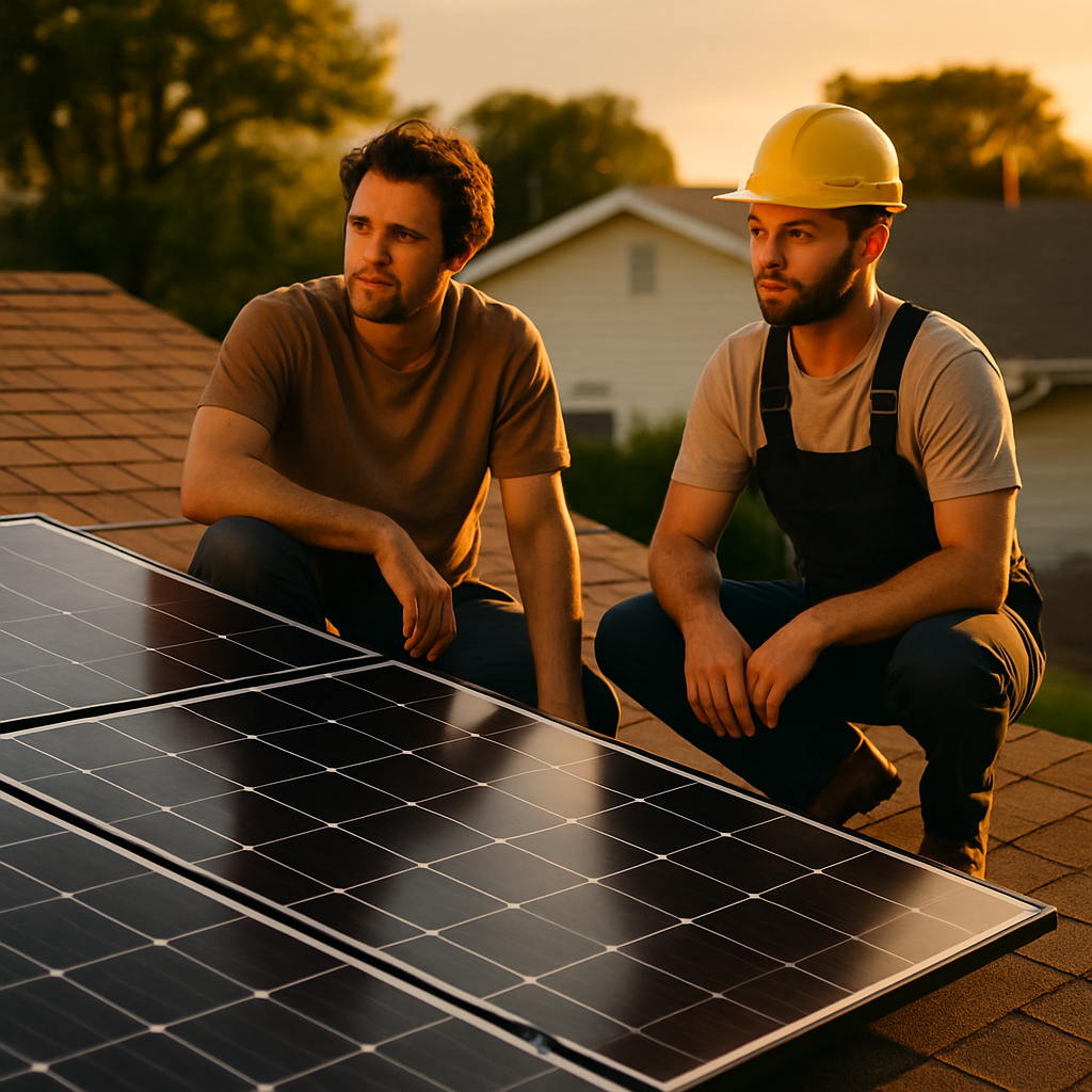 Rec Solar Panels Brisbane Price - A homeowner, dressed in everyday clothes, is on their roof with a certified installer. They are both looking towards a set of modern-looking solar panels installed on the roof, bathed in sunlight. The expression on their faces is a mix of contemplation and optimism about the investment.