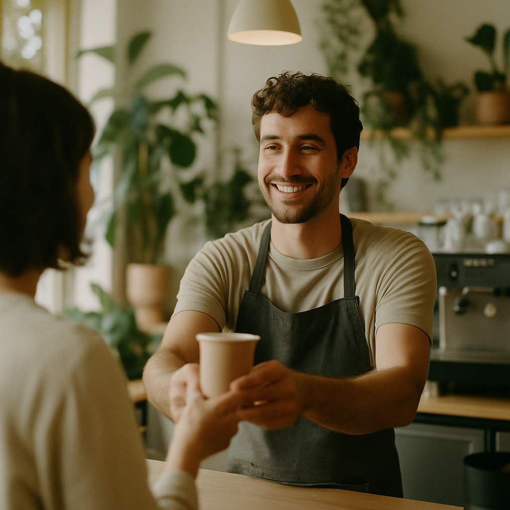 Solar For Small Business Logan - A friendly barista handing a coffee to a customer in a modern cafe. The cafe has a clean, sustainable aesthetic, with plants and natural light. The interaction feels genuine and positive, emphasizing the connection between business and customer.