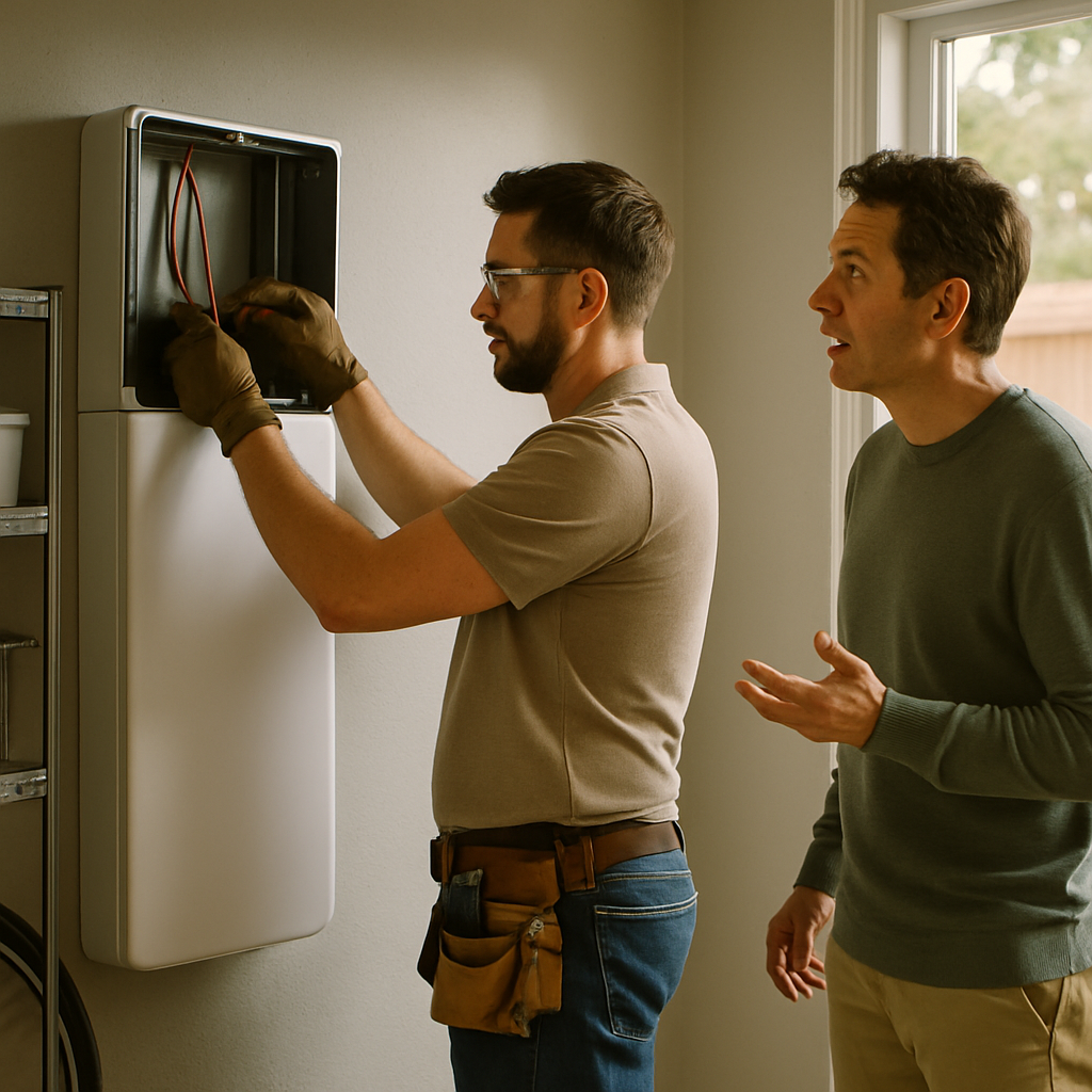 Solar Rebates Qld 2025 - An electrician, wearing safety glasses and a tool belt, is carefully connecting wires to a sleek, new home battery system in a clean and well-organized garage. A homeowner stands nearby, watching and asking a question, with a curious and engaged expression. The focus is on the professional installation and the homeowner's involvement.