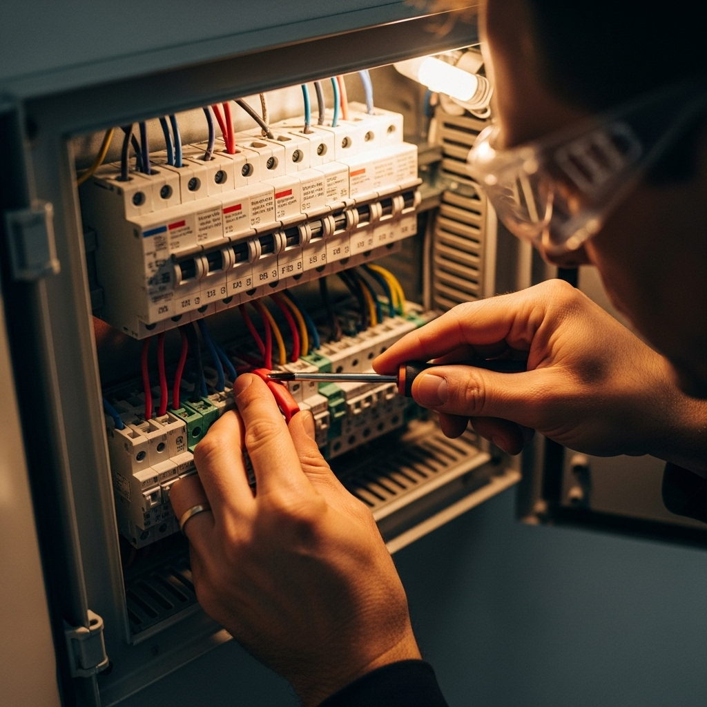 Tesla Powerwall Cost Brisbane - A close-up shot of an electrician's hands, carefully tightening a connection inside an open electrical panel. He is wearing safety glasses. The panel is modern and well-organized, suggesting a professional installation.