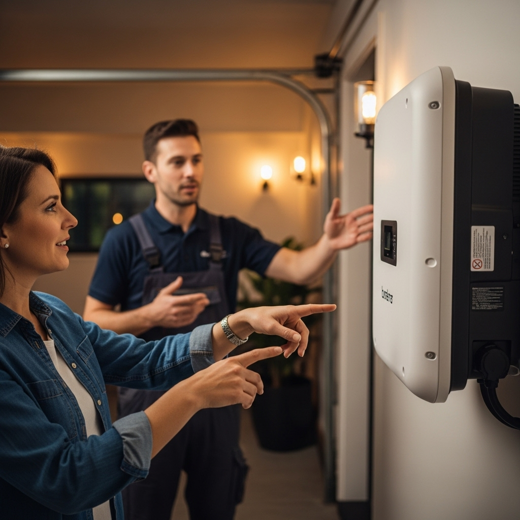 Can I Add Any Battery To My Solar System Qld - A close-up shot of a homeowner pointing to a sleek, modern inverter mounted on a garage wall. The homeowner is having a friendly conversation with a solar installer (slightly out of focus in the background) who is gesturing towards the inverter. The focus is on the interaction and the visual representation of the 'brain' of the system.