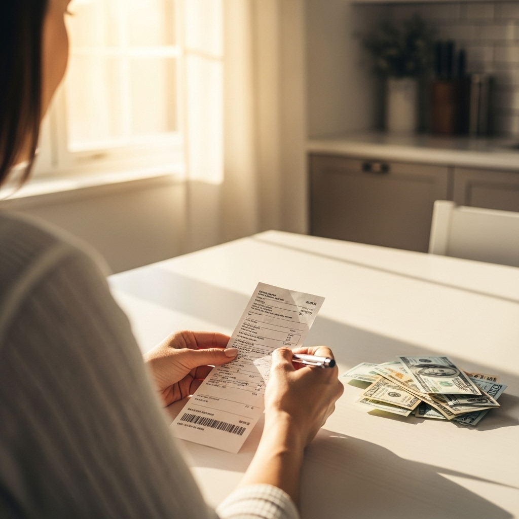 Can I Add Any Battery To My Solar System Qld - A woman sitting at her kitchen table is shown highlighting a section of a bill that she's reading. The kitchen is bathed in soft sunlight and conveys the feeling of domesticity and budgeting. On the table next to the bill is a small pile of cash.