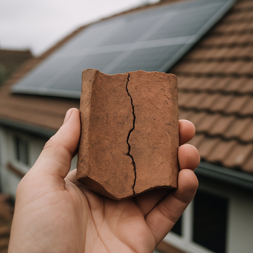 Cost Of Solar Panel Removal And Reinstallation Brisbane - A close-up shot of a hand holding a small, cracked roof tile. In the background, slightly blurred, is a solar panel installation on a roof. The image aims to convey the potential for minor damage during panel removal/reinstallation.