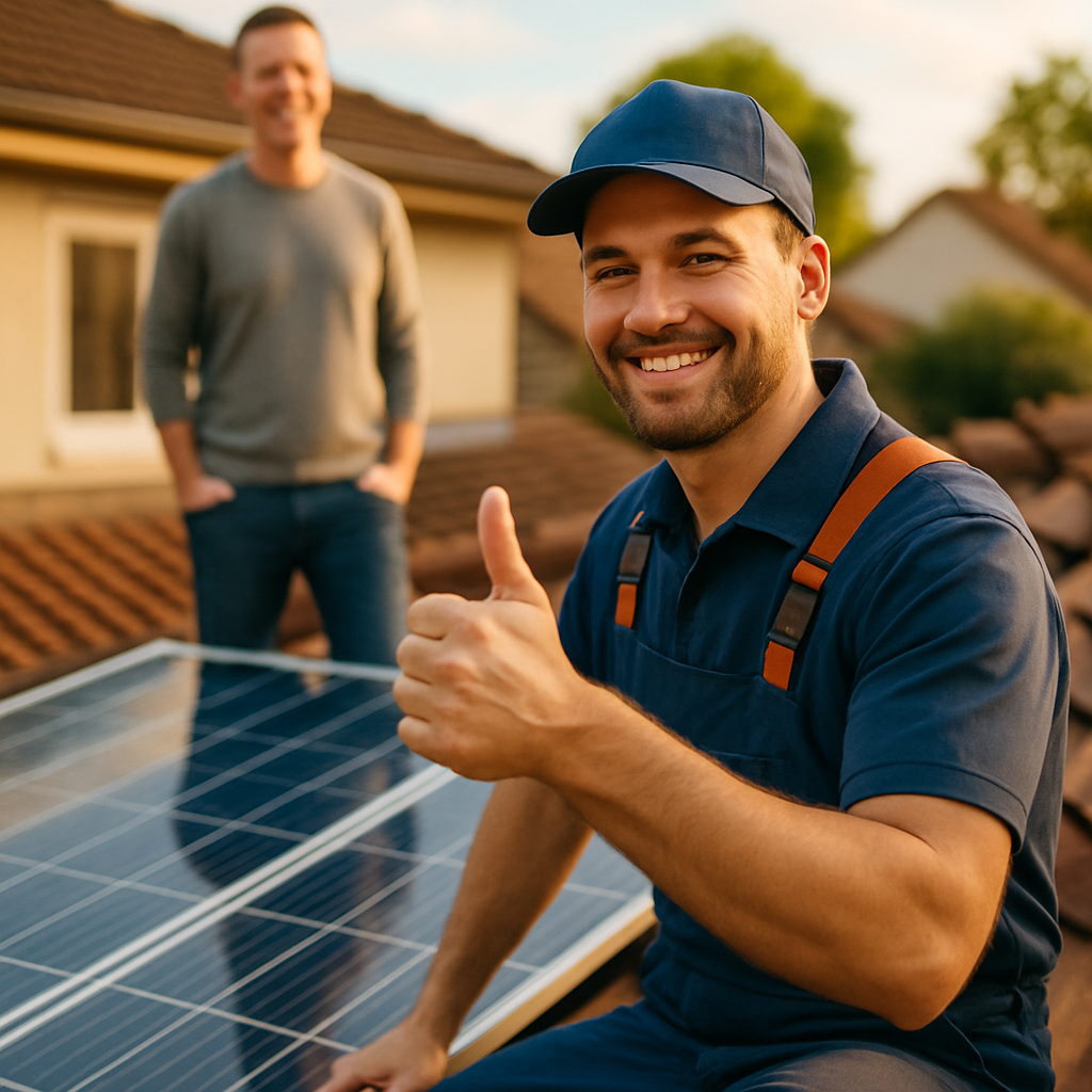 Cost Of Solar Panel Removal And Reinstallation Brisbane - A solar panel installer in a clean uniform is giving a friendly thumbs-up after completing the reinstallation of solar panels on a residential roof. The homeowner is smiling in the background, looking satisfied. The panels are clean and shiny.