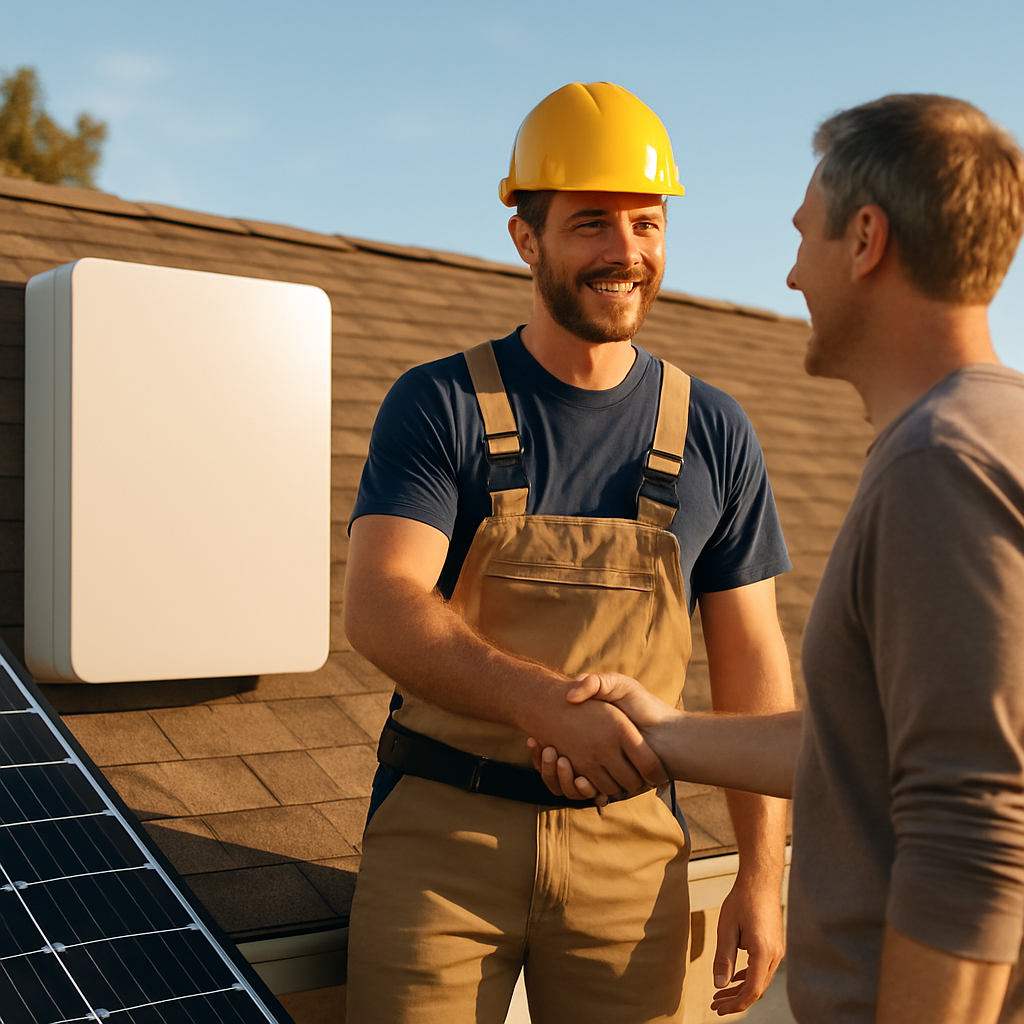 Solar Battery Installer New Farm - A friendly solar installer standing on a residential roof next to a newly installed battery system, shaking hands with a happy homeowner. Both are smiling and the scene conveys trust and successful project completion. Blue skies in the background.
