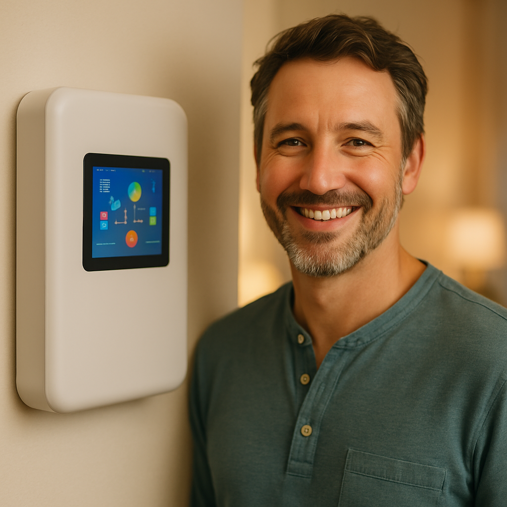 Off-Grid Solar And Battery Kits - A close-up shot of a homeowner happily checking the status of their home battery system on a wall-mounted display. The display should be colorful but illegible. Focus on the user's positive expression, conveying peace of mind and control over their energy storage.