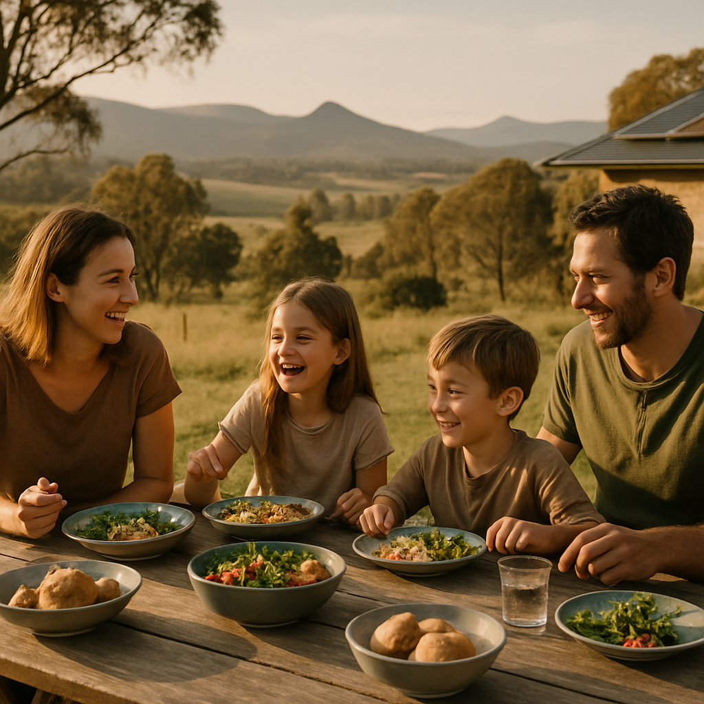 Off-Grid Solar And Battery Kits - A family (parents and two children) happily enjoying a meal outdoors on their property in the Scenic Rim region of Queensland. Solar panels are subtly visible on the roof of their house in the background. The scene emphasizes family, rural living, and energy independence.