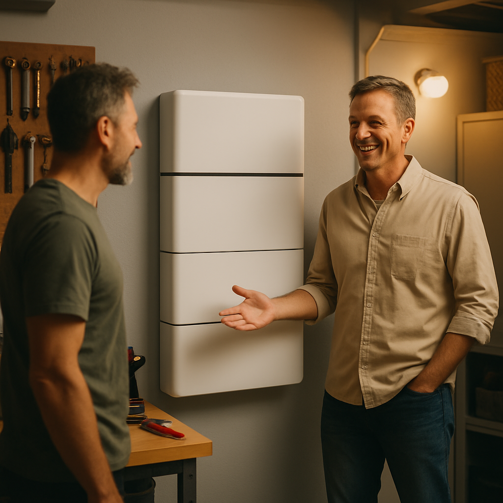 Off-Grid Solar System Cost Queensland - A clean, well-organized garage space. A homeowner is proudly showing off their new battery bank installation to a friend. The battery bank is modern and sleek, taking center stage, but not overly technical-looking. There are some tools neatly arranged in the background.