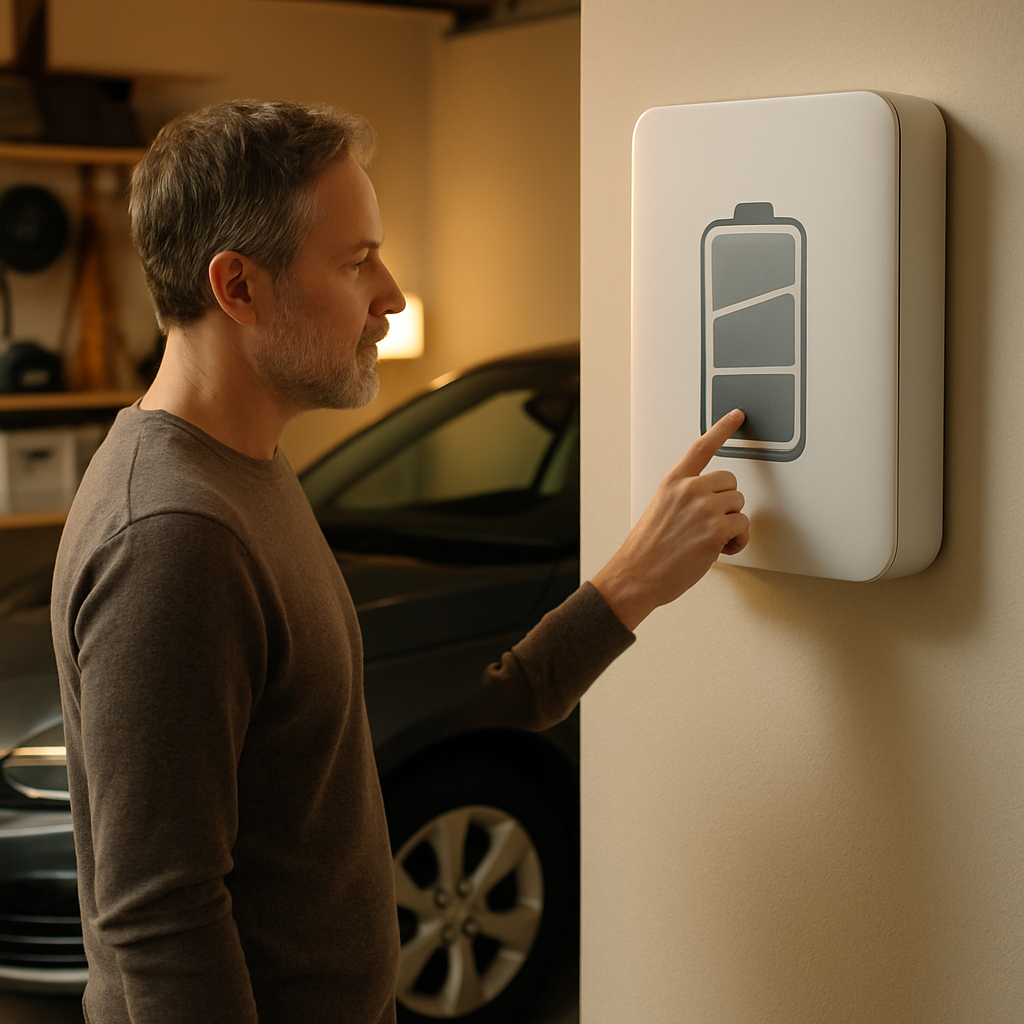 Queensland Government Solar Incentives - A homeowner is checking a sleek, wall-mounted home battery display in their garage. The display shows a stylized (but not legible) representation of battery charge level. The garage is clean and well-organized, with a car parked in the background, emphasizing the modern lifestyle.